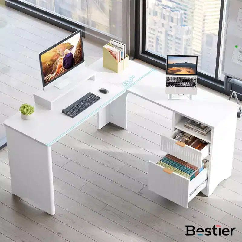 Bestier 55inch L Shaped Desk with Drawers, Office Computer Desk with Round Corners, Monitor Stand & Fluted Panels, White & Walnut
