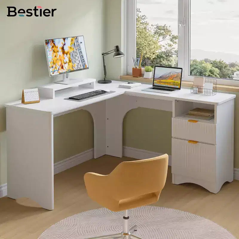 Bestier 55inch L Shaped Desk with Drawers, Office Computer Desk with Round Corners, Monitor Stand & Fluted Panels, White & Walnut