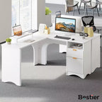 Bestier 55inch L Shaped Desk with Drawers, Office Computer Desk with Round Corners, Monitor Stand & Fluted Panels, White & Walnut