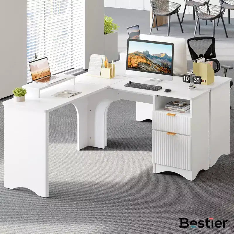 Bestier 55inch L Shaped Desk with Drawers, Office Computer Desk with Round Corners, Monitor Stand & Fluted Panels, White & Walnut