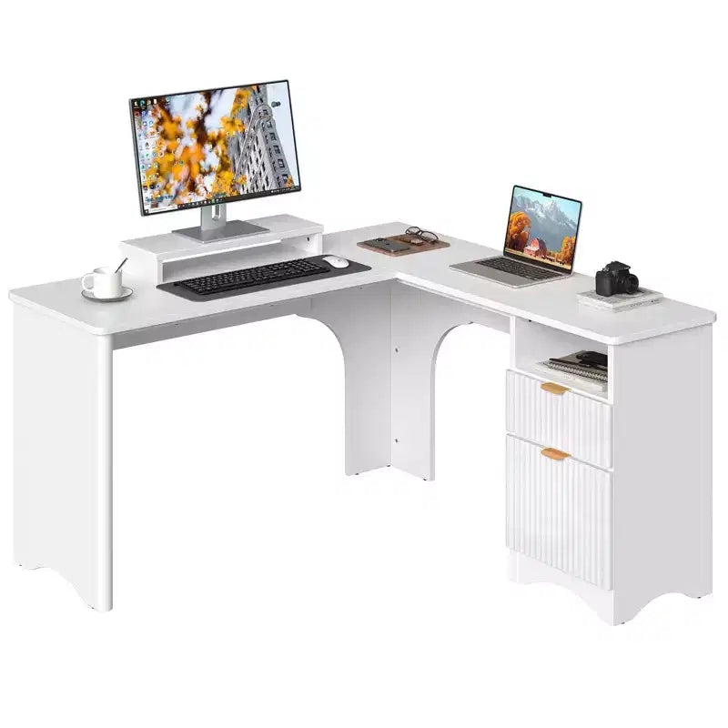 Bestier 55inch L Shaped Desk with Drawers, Office Computer Desk with Round Corners, Monitor Stand & Fluted Panels, White & Walnut