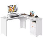 Bestier 55inch L Shaped Desk with Drawers, Office Computer Desk with Round Corners, Monitor Stand & Fluted Panels, White & Walnut