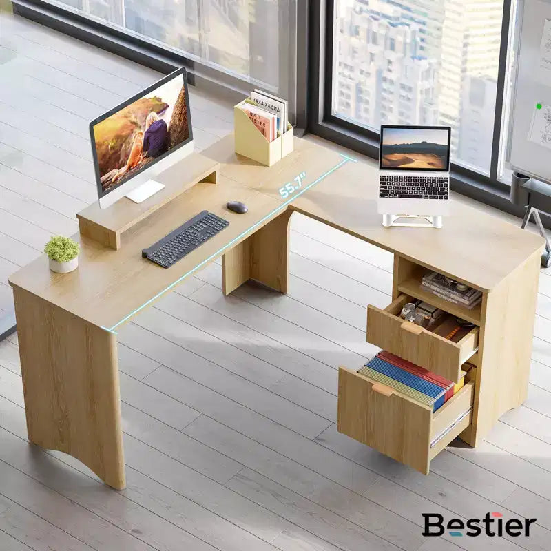 Bestier 55inch L Shaped Desk with Drawers, Office Computer Desk with Round Corners, Monitor Stand & Fluted Panels, White & Walnut