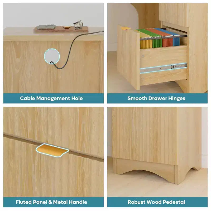 Bestier 55inch L Shaped Desk with Drawers, Office Computer Desk with Round Corners, Monitor Stand & Fluted Panels, White & Walnut