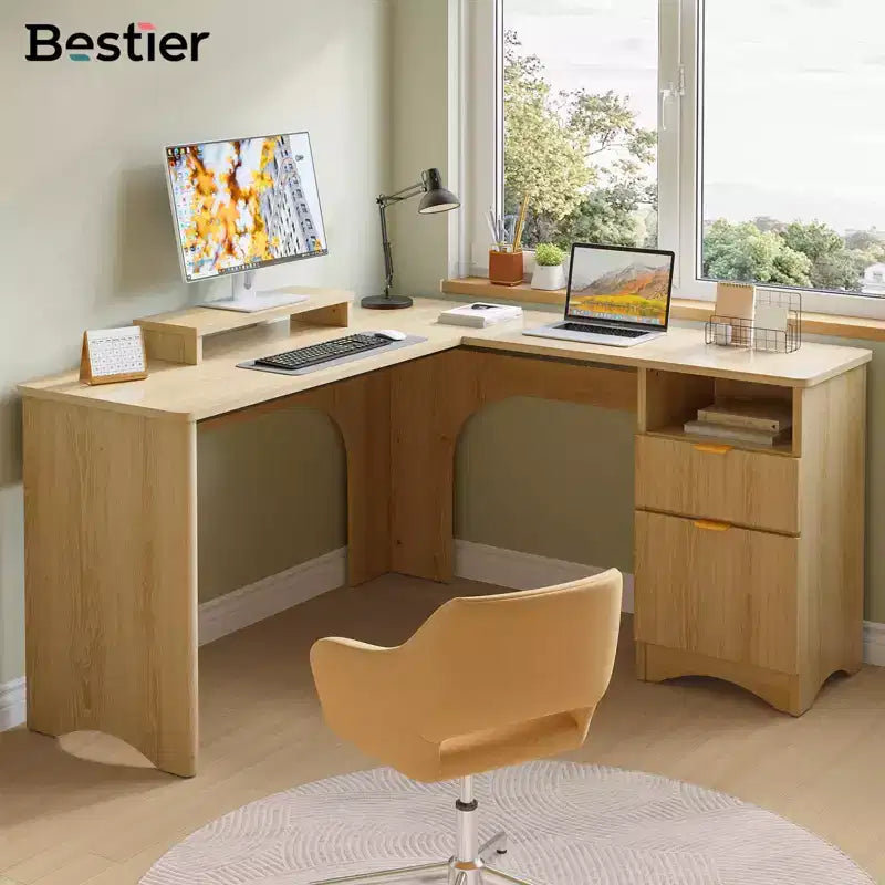 Bestier 55inch L Shaped Desk with Drawers, Office Computer Desk with Round Corners, Monitor Stand & Fluted Panels, White & Walnut