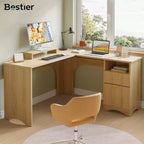 Bestier 55inch L Shaped Desk with Drawers, Office Computer Desk with Round Corners, Monitor Stand & Fluted Panels, White & Walnut