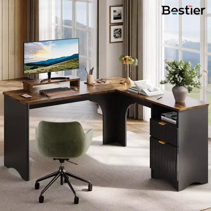 Bestier 55inch L Shaped Desk with Drawers, Office Computer Desk with Round Corners, Monitor Stand & Fluted Panels, White & Walnut