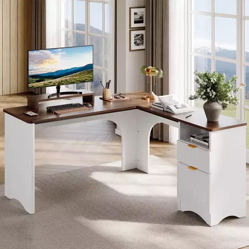 Bestier 55inch L Shaped Desk with Drawers, Office Computer Desk with Round Corners, Monitor Stand & Fluted Panels, White & Walnut