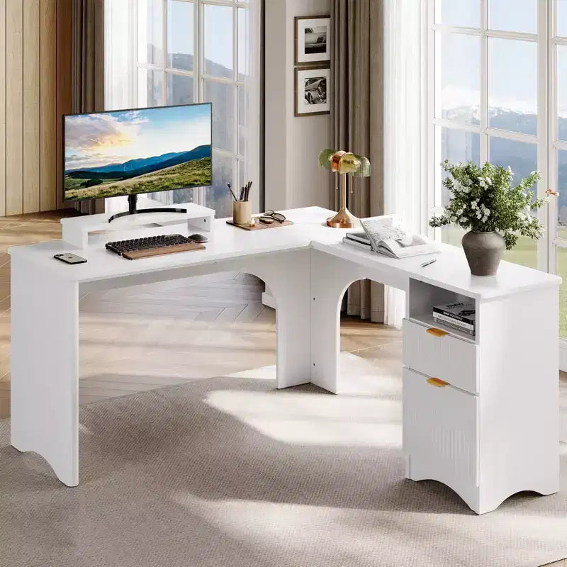 Bestier 55inch L Shaped Desk with Drawers, Office Computer Desk with Round Corners, Monitor Stand & Fluted Panels, White & Walnut