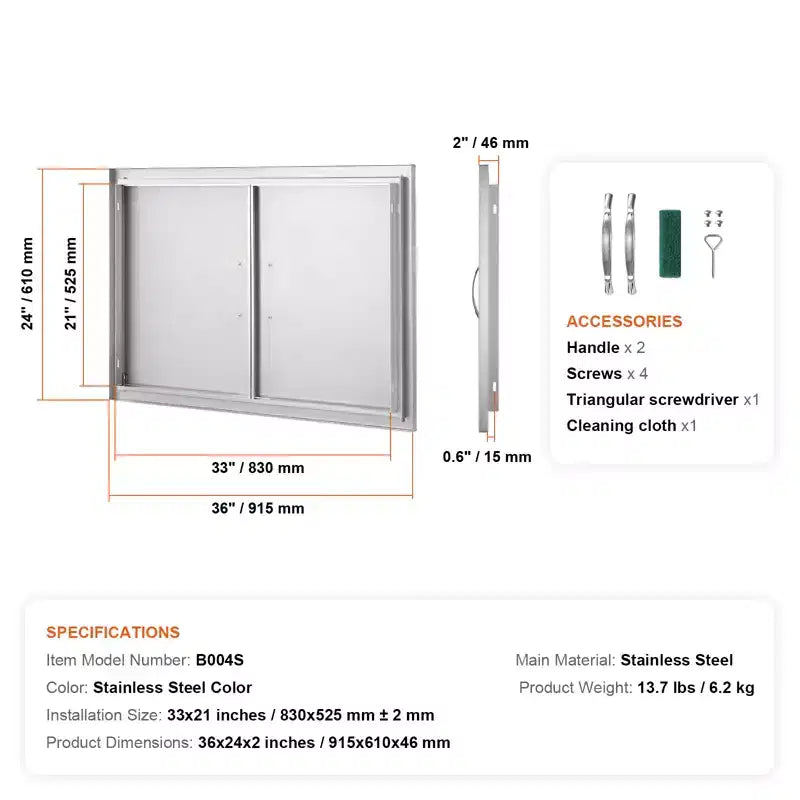 VEVOR BBQ Access Door, 36W x 24H Inch Double Outdoor Kitchen Door, Stainless Steel Flush Mount Door, Wall Vertical Door with Handles
