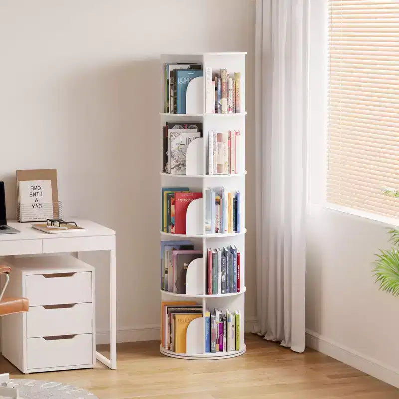 Rotating Bookshelf, Vertical 360 Spinning Shelf Organizer, Space-Saving Round Tower, White-SpaceAid