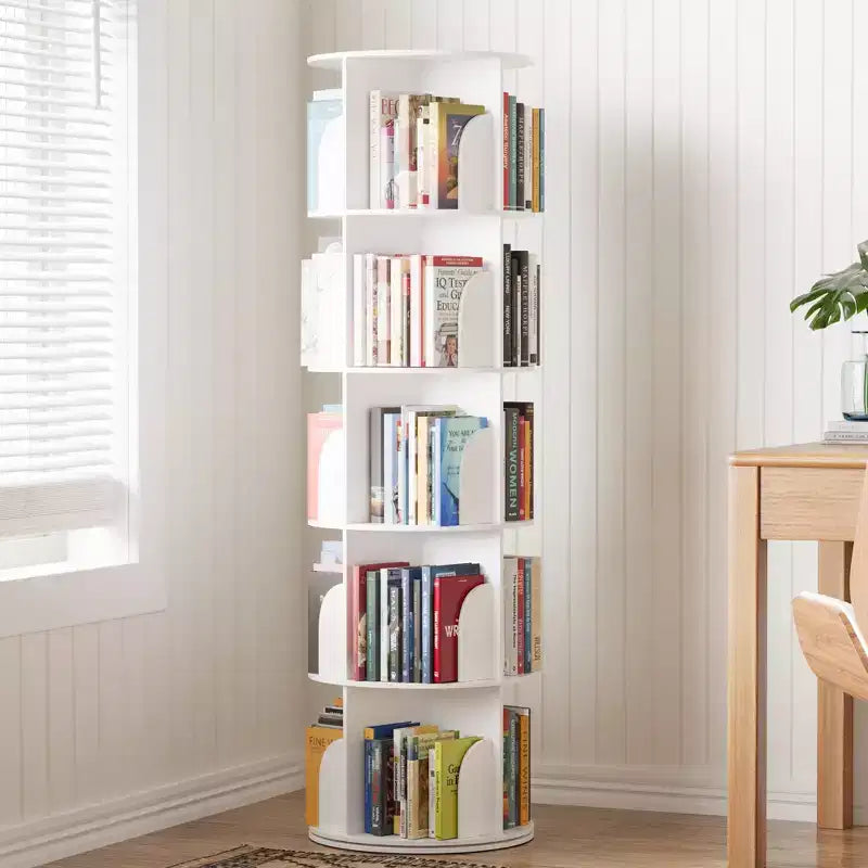 Rotating Bookshelf, Vertical 360 Spinning Shelf Organizer, Space-Saving Round Tower, White-SpaceAid
