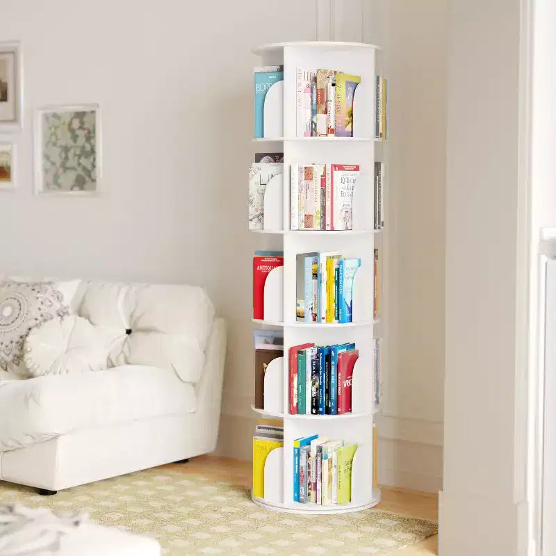 Rotating Bookshelf, Vertical 360 Spinning Shelf Organizer, Space-Saving Round Tower, White-SpaceAid