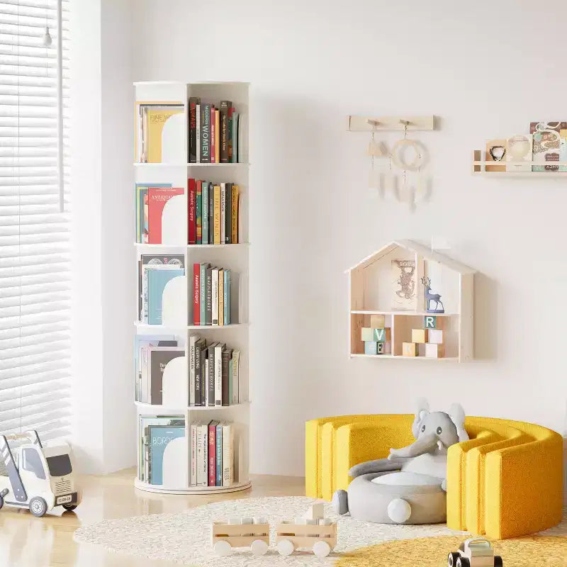 Rotating Bookshelf, Vertical 360 Spinning Shelf Organizer, Space-Saving Round Tower, White-SpaceAid