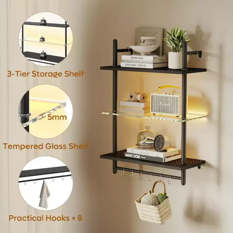 Bestier 24 Floating Shelves with LED Lights, 3-Tier Wall-Mounted Glass Shelves with Hooks for Living Room, Kitchen, Bathroom