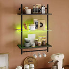 Bestier 24 Floating Shelves with LED Lights, 3-Tier Wall-Mounted Glass Shelves with Hooks for Living Room, Kitchen, Bathroom