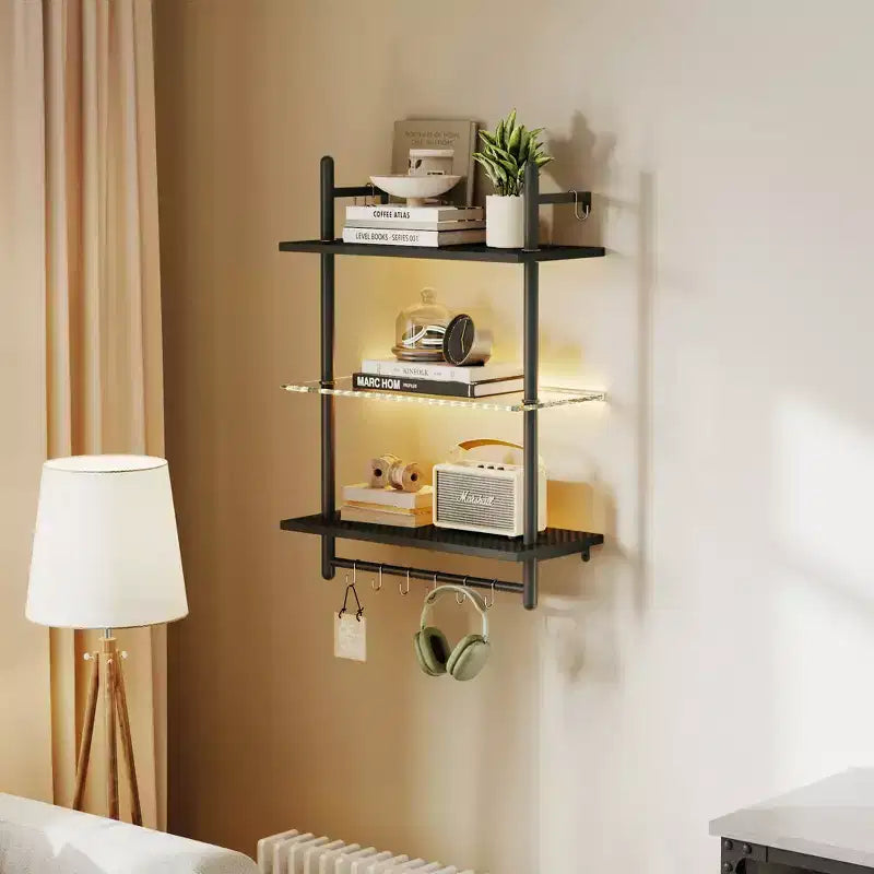 Bestier 24 Floating Shelves with LED Lights, 3-Tier Wall-Mounted Glass Shelves with Hooks for Living Room, Kitchen, Bathroom