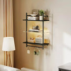 Bestier 24 Floating Shelves with LED Lights, 3-Tier Wall-Mounted Glass Shelves with Hooks for Living Room, Kitchen, Bathroom