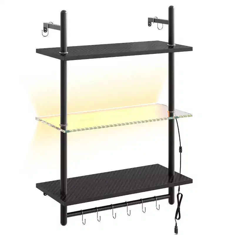 Bestier 24 Floating Shelves with LED Lights, 3-Tier Wall-Mounted Glass Shelves with Hooks for Living Room, Kitchen, Bathroom