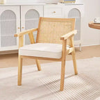 VEVOR Mid Century Modern Rattan Chair, Upholstered Velvet Accent Chair with Rattan Back, Retro Living Room Chair for Living Room, Bedroom, Beige