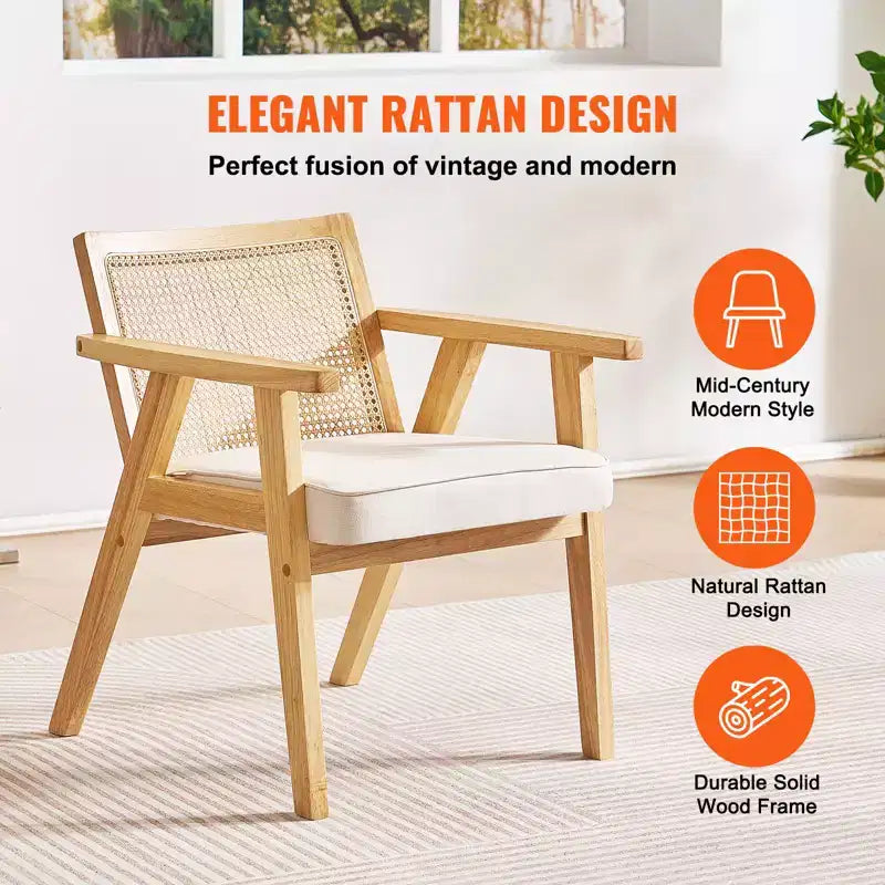 VEVOR Mid Century Modern Rattan Chair, Upholstered Velvet Accent Chair with Rattan Back, Retro Living Room Chair for Living Room, Bedroom, Beige
