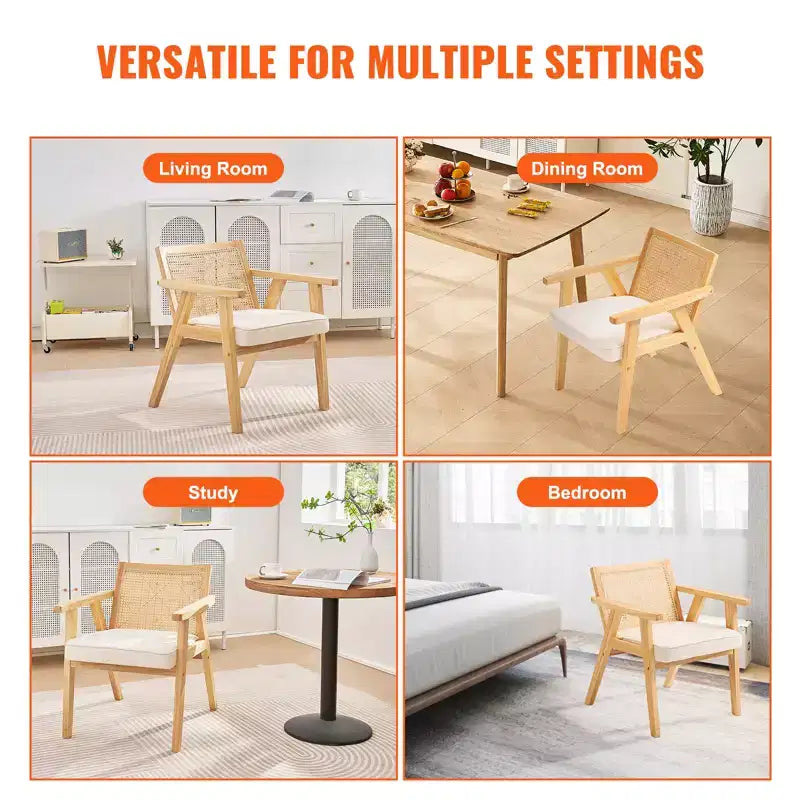 VEVOR Mid Century Modern Rattan Chair, Upholstered Velvet Accent Chair with Rattan Back, Retro Living Room Chair for Living Room, Bedroom, Beige