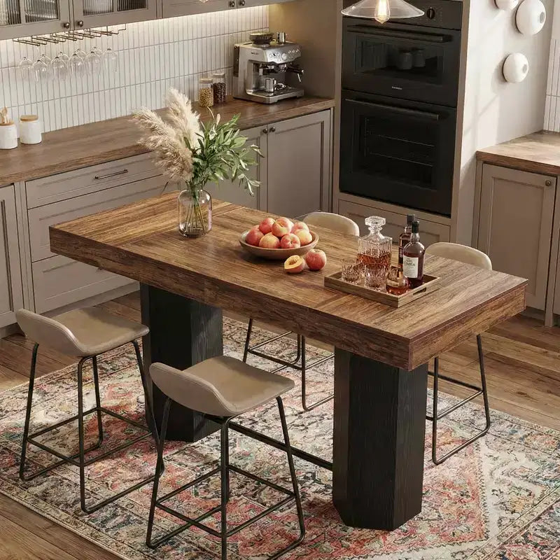 MAYEERTY 71 Industrial Bar Height Table, Walnut Woodgrain MDF Top 4-6 Person Home Bar Table with Hexagonal Base, 300lbs Capacity