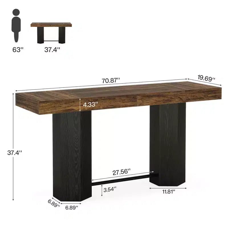 MAYEERTY 71 Industrial Bar Height Table, Walnut Woodgrain MDF Top 4-6 Person Home Bar Table with Hexagonal Base, 300lbs Capacity