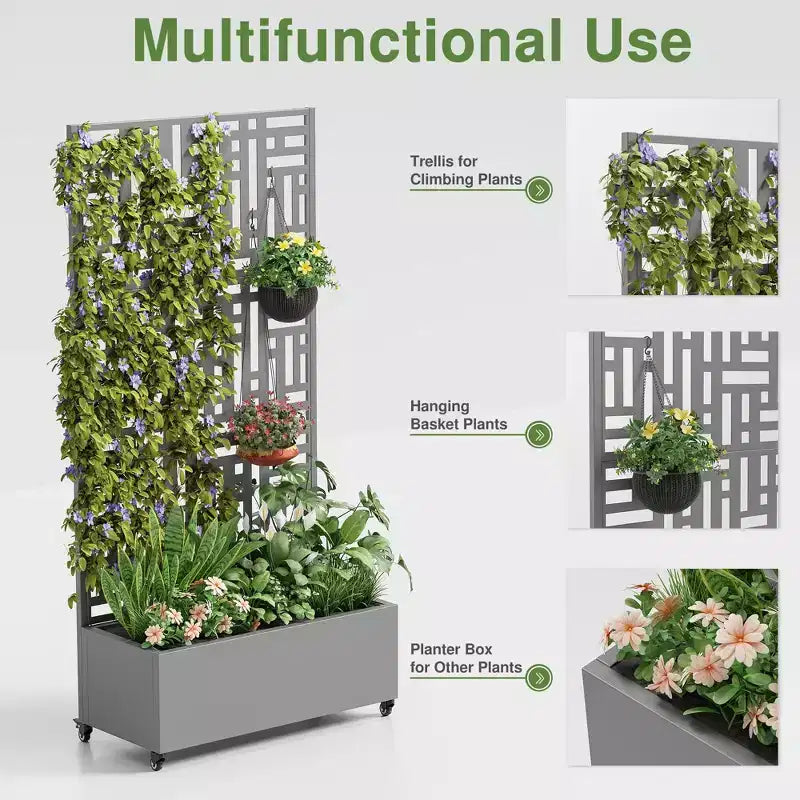 70.2in.L x 35.1in.W x 15.6in.H Gray Metal Rectangle Planting Box with Climbing Frame (1-Pack)
