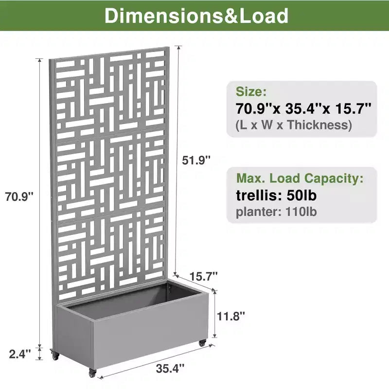70.2in.L x 35.1in.W x 15.6in.H Gray Metal Rectangle Planting Box with Climbing Frame (1-Pack)