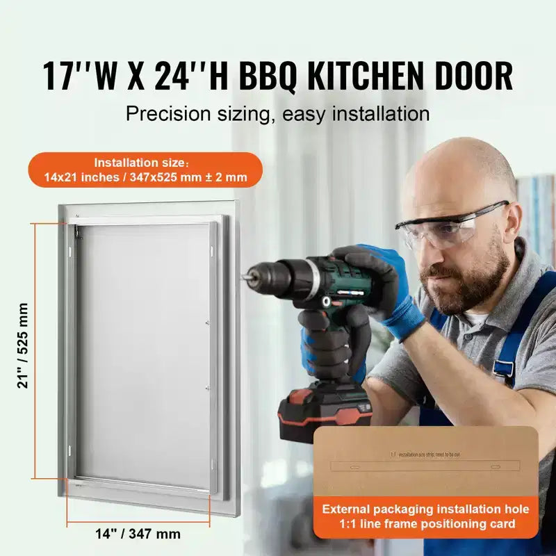 VEVOR BBQ Access Door, 17W x 24H Inch Single Outdoor Kitchen Door, Stainless Steel Flush Mount Door, Wall Vertical Door with Handle