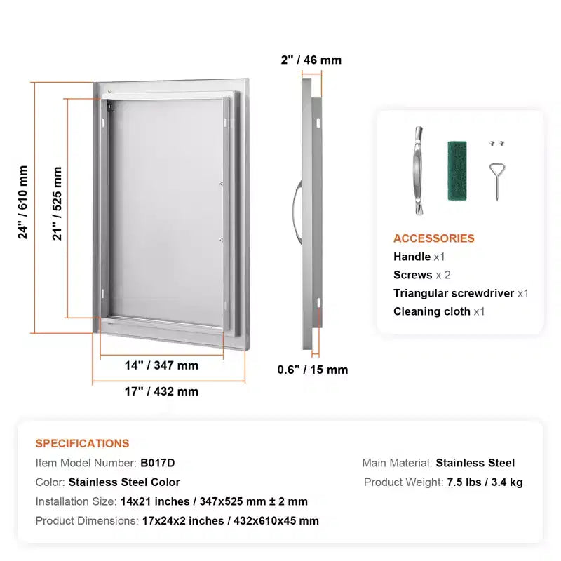VEVOR BBQ Access Door, 17W x 24H Inch Single Outdoor Kitchen Door, Stainless Steel Flush Mount Door, Wall Vertical Door with Handle