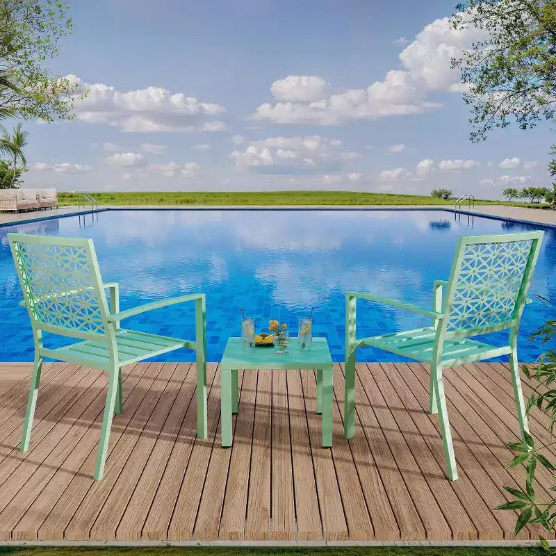 Acekool 3-Piece Outdoor Bistro Set with Stackable Metal Chairs and Square Table, Compact Patio Furniture for Backyard, Deck, Balcony