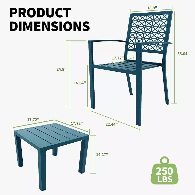 Acekool 3-Piece Outdoor Bistro Set with Stackable Metal Chairs and Square Table, Compact Patio Furniture for Backyard, Deck, Balcony