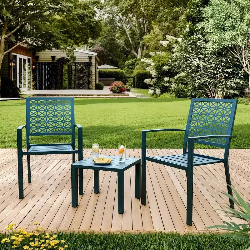 Acekool 3-Piece Outdoor Bistro Set with Stackable Metal Chairs and Square Table, Compact Patio Furniture for Backyard, Deck, Balcony