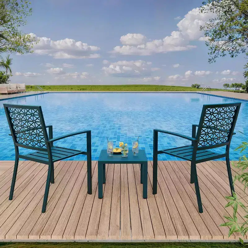 Acekool 3-Piece Outdoor Bistro Set with Stackable Metal Chairs and Square Table, Compact Patio Furniture for Backyard, Deck, Balcony