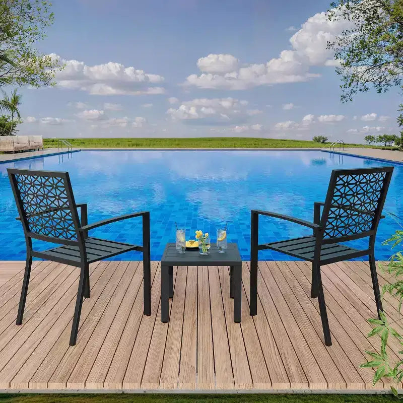 Acekool 3-Piece Outdoor Bistro Set with Stackable Metal Chairs and Square Table, Compact Patio Furniture for Backyard, Deck, Balcony