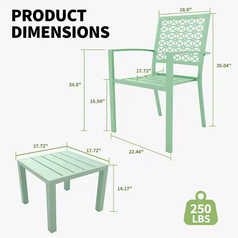 Acekool 3-Piece Outdoor Bistro Set with Stackable Metal Chairs and Square Table, Compact Patio Furniture for Backyard, Deck, Balcony