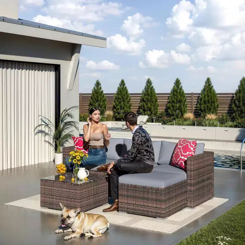Acekool Outdoor Patio Furniture Set  All-Weather Wicker Sectional Sofa with Glass Coffee Table and Soft Removable Cushions