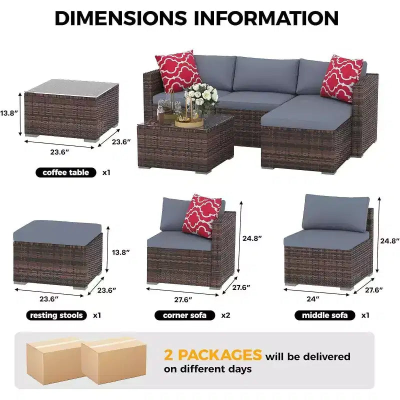 Acekool Outdoor Patio Furniture Set  All-Weather Wicker Sectional Sofa with Glass Coffee Table and Soft Removable Cushions