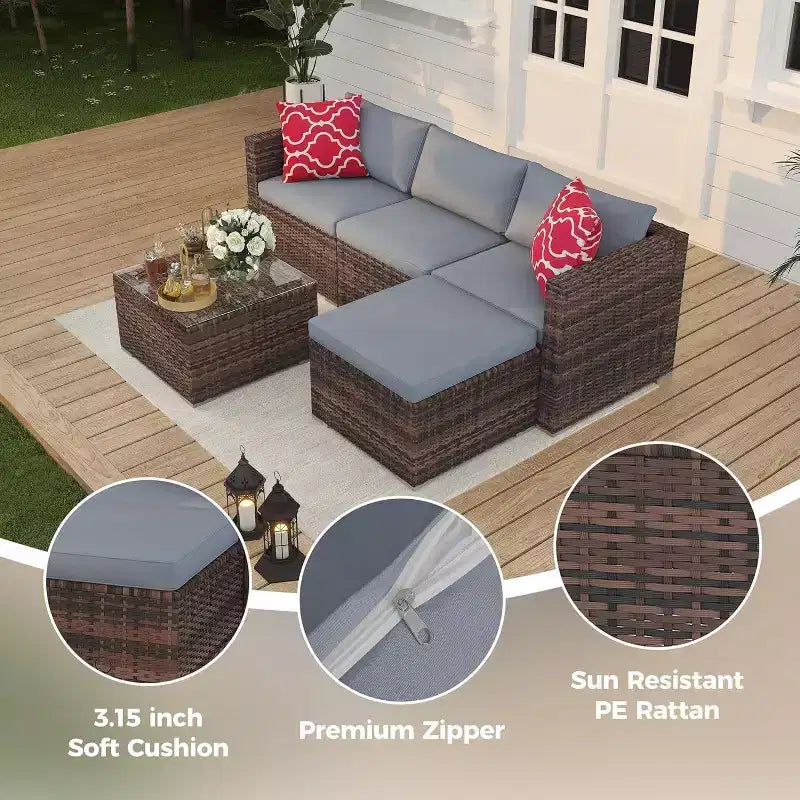 Acekool Outdoor Patio Furniture Set  All-Weather Wicker Sectional Sofa with Glass Coffee Table and Soft Removable Cushions