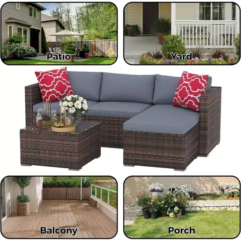 Acekool Outdoor Patio Furniture Set  All-Weather Wicker Sectional Sofa with Glass Coffee Table and Soft Removable Cushions