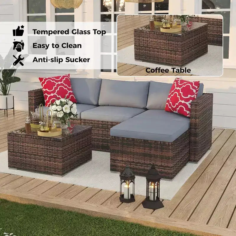 Acekool Outdoor Patio Furniture Set  All-Weather Wicker Sectional Sofa with Glass Coffee Table and Soft Removable Cushions