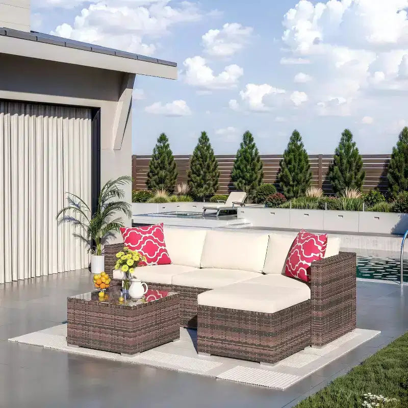 Acekool Outdoor Patio Furniture Set  All-Weather Wicker Sectional Sofa with Glass Coffee Table and Soft Removable Cushions
