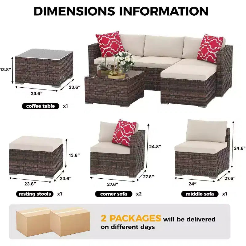 Acekool Outdoor Patio Furniture Set  All-Weather Wicker Sectional Sofa with Glass Coffee Table and Soft Removable Cushions