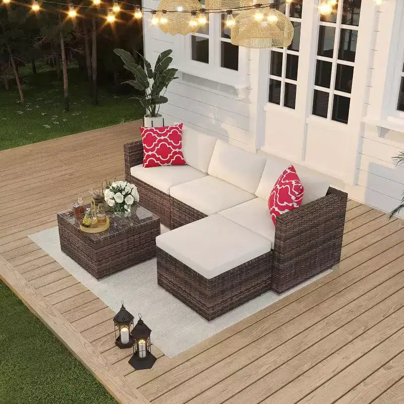 Acekool Outdoor Patio Furniture Set  All-Weather Wicker Sectional Sofa with Glass Coffee Table and Soft Removable Cushions