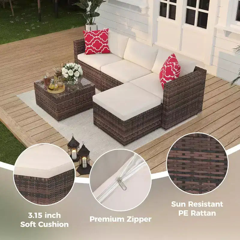Acekool Outdoor Patio Furniture Set  All-Weather Wicker Sectional Sofa with Glass Coffee Table and Soft Removable Cushions