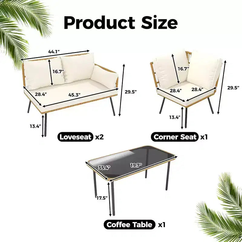 Acekool Outdoor Patio Furniture Set  All-Weather Wicker Sectional Sofa with Glass Coffee Table and Soft Removable Cushions