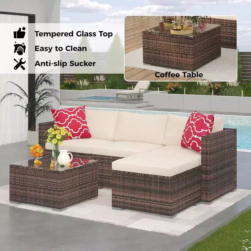 Acekool Outdoor Patio Furniture Set  All-Weather Wicker Sectional Sofa with Glass Coffee Table and Soft Removable Cushions