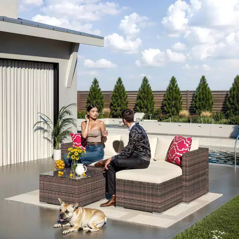 Acekool Outdoor Patio Furniture Set  All-Weather Wicker Sectional Sofa with Glass Coffee Table and Soft Removable Cushions